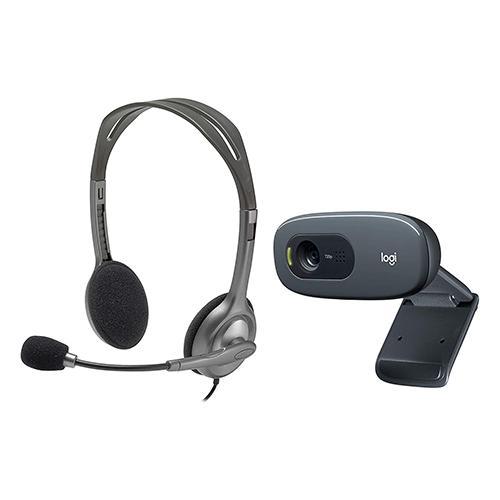 Logitech C270 HD Webcam - Black with H110 Wired Headset, Stereo Headphones - Grey